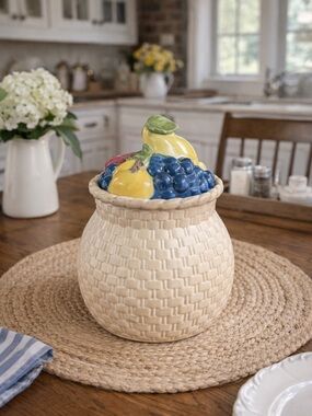 Vintage Metlox Basket Weave With Fruit Top Cookie Jar